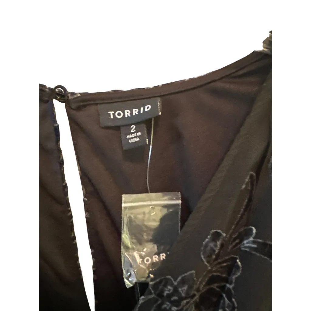 Torrid Size 2X Black Floral Embroidered Long Sleeve Wrap Dress With Tie Belt - Image 5