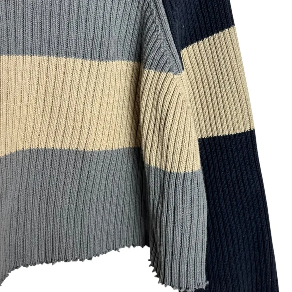 Structure Women's L Ribbed Knit Crop Sweater Multi Blue Chunky Stripe Nautical - Image 2