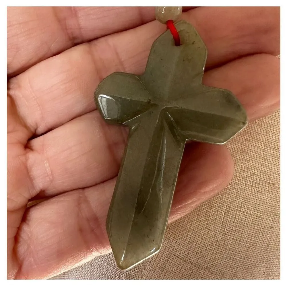 Jade cross pendant necklace on red cord Green - Image 3