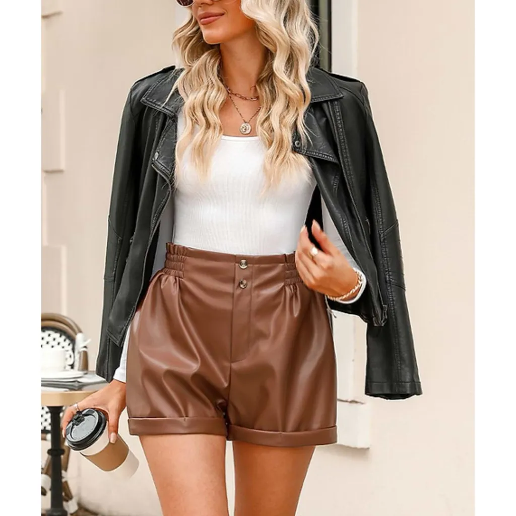 CUPSHE Franny Vegan Leather Paperbag Shorts Women’s Sz XL Brown High Rise - Image 3
