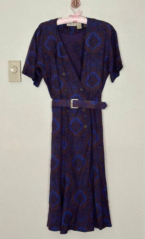 Vintage 4P 80s Paisley Purple Liz Claiborne Short Sleeve Midi Dress Boho Chic - Image 2