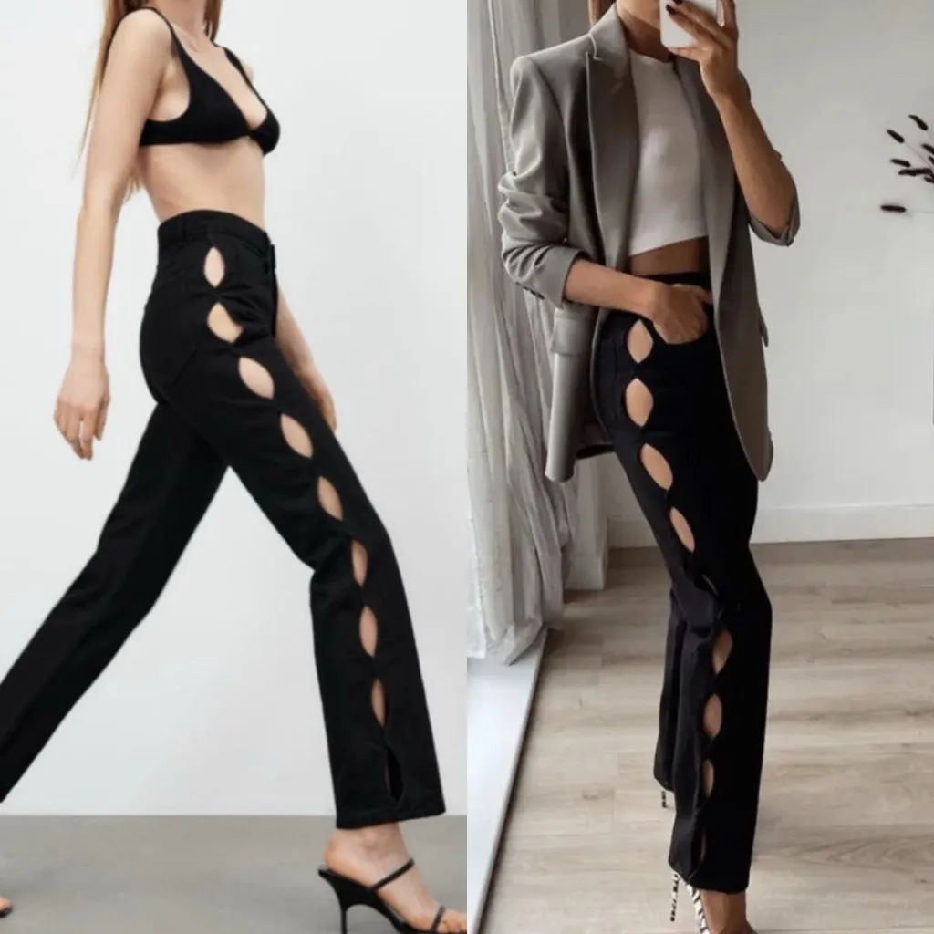 Zara Black Straight Leg Sexy Cutout Viral Jeans 100% Cotton Sz 12 🧡🍄 - Image 2