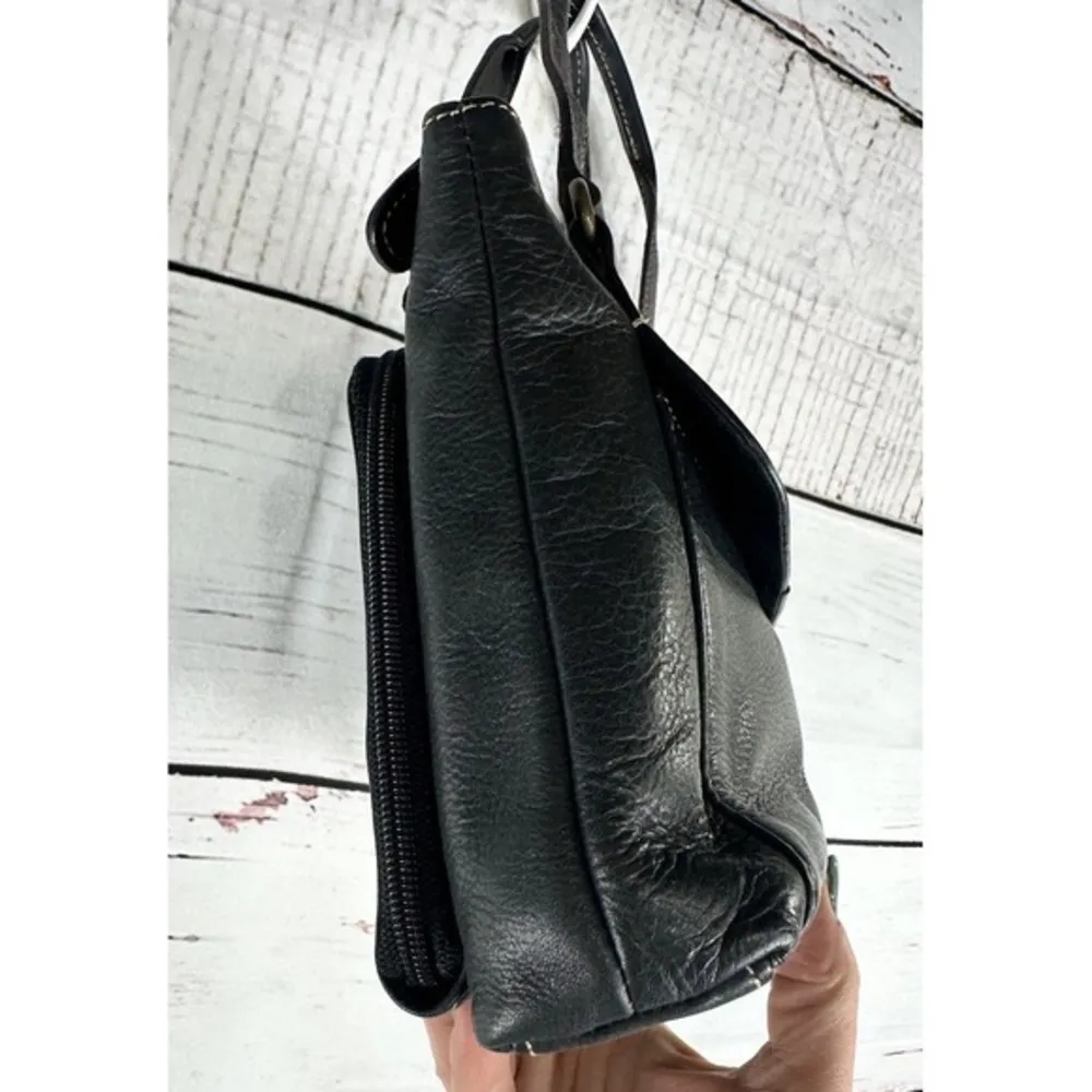 VTG Fossil Black Leather Shoulder Bag Zip Wallet on Backside Double Strap Handle - Image 4