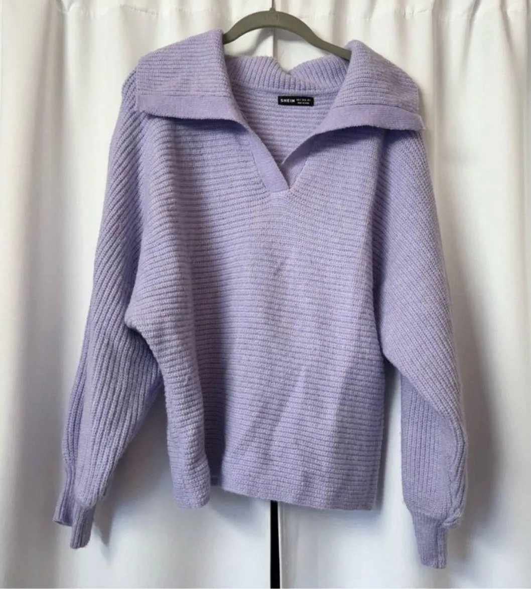 SheIn Solid Light Purple Bishop Collared Oversized Baggy Pastel Knit Sweater Size Small - Image 3