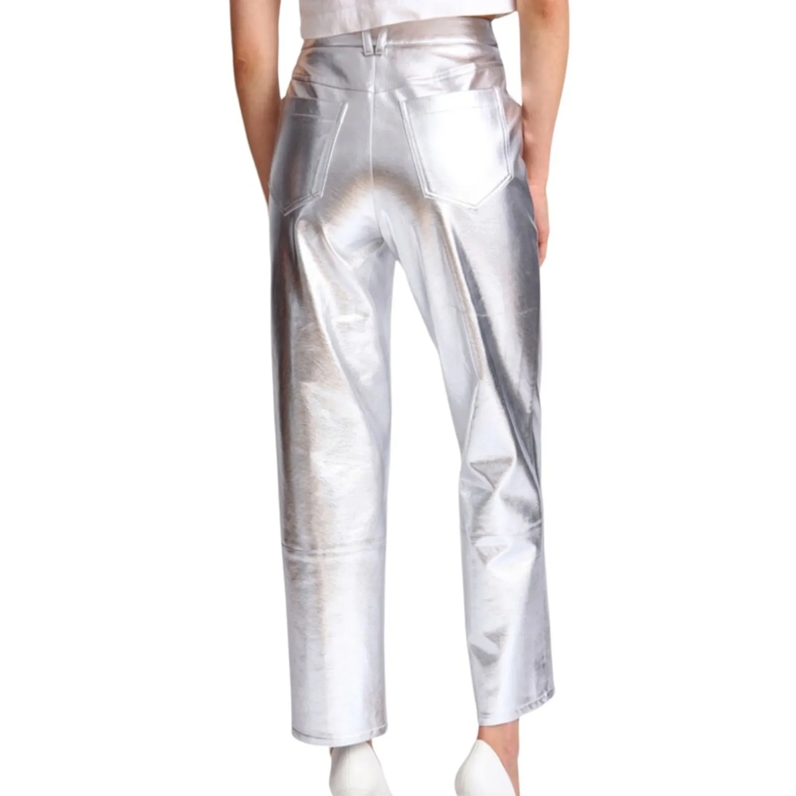 Avec Les Filles Faux Leather High Waist Crop Wide Leg Pants - Metallic Silver S - Image 2