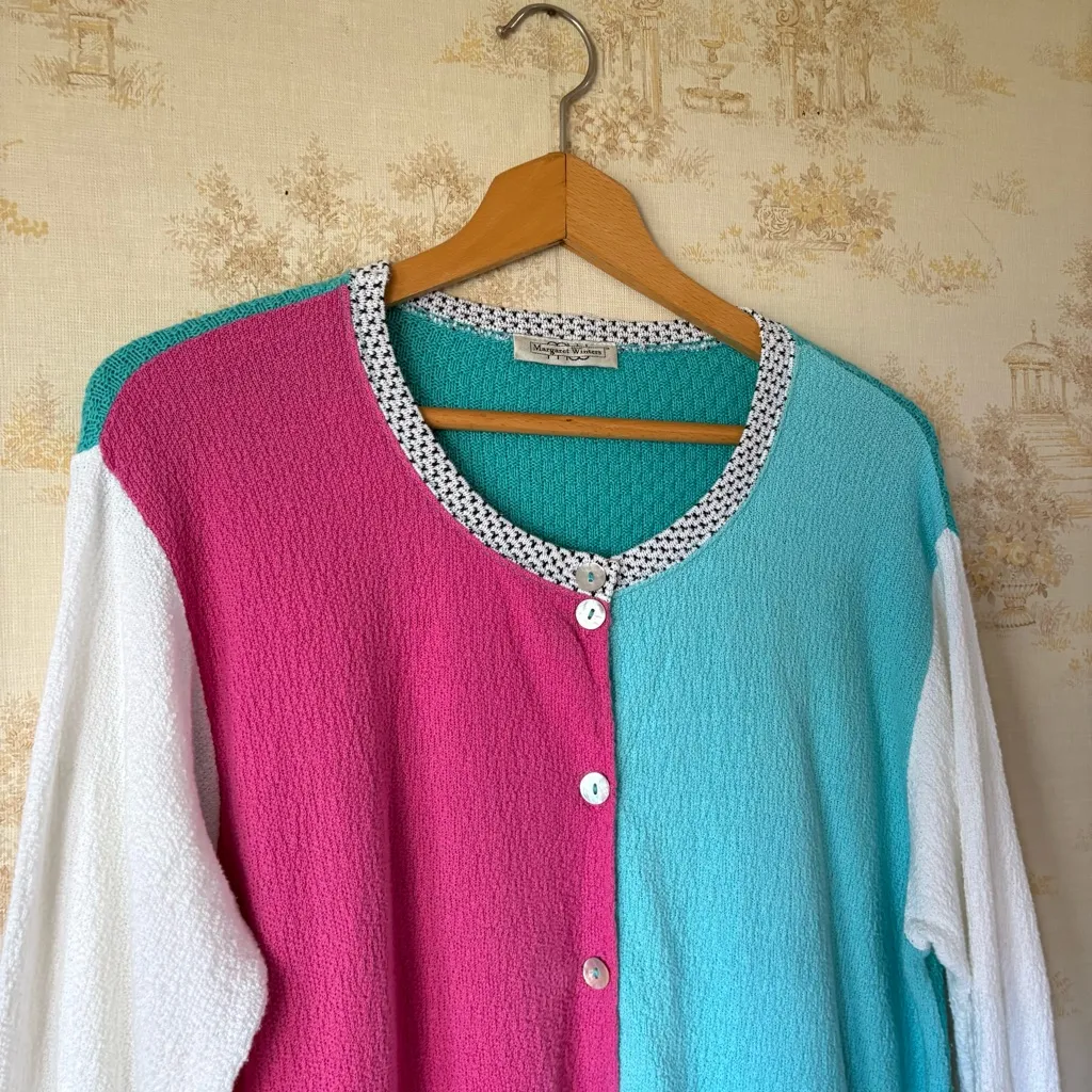 Vintage 90s turquoise blue pink white funky clowncore gauzy cardigan sweater L Size L - Image 4