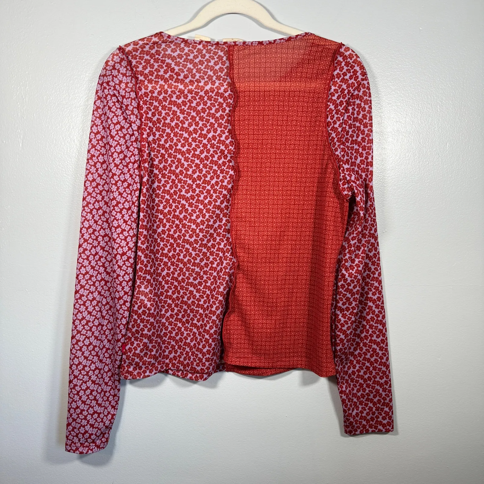 Levi’s Mesh Patchwork Long Sleeve Top XL Sheer Floral Geometric Print Y2K - Image 2