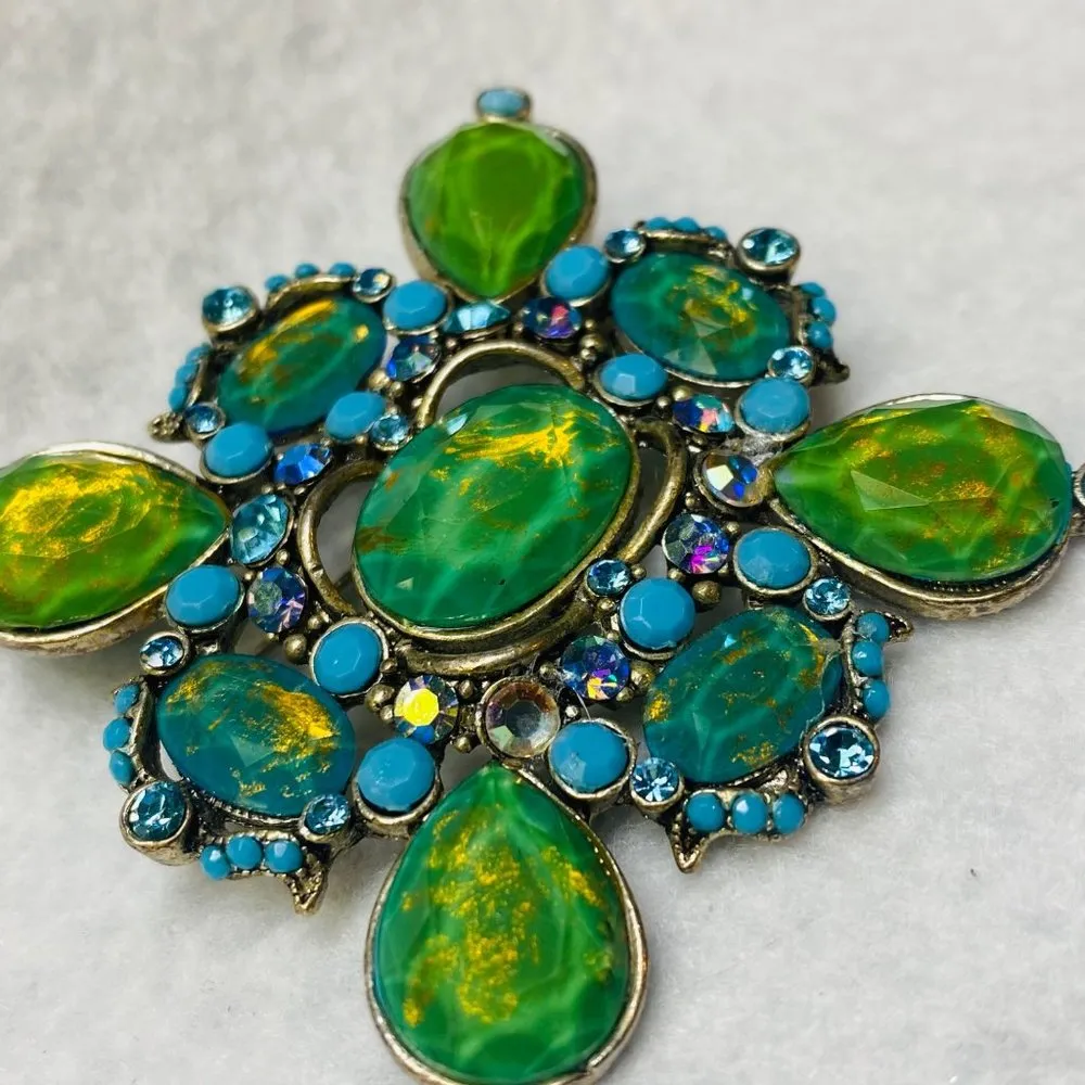 Statement Brooch Pin Greens Blues Clear Iridescent Stones Silver Tone Metal - Image 8