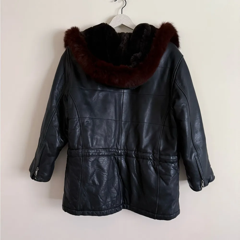 Leather Coat by Andrew Marc Fox and Faux Fur Trim Womens Size S Jacket with Hood - Image 7
