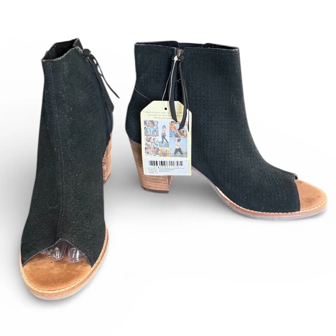 TOMS Majorca Black Suede Peep Toe Ankle Booties Block Heel Zip Up Women's Size 8 - Image 2