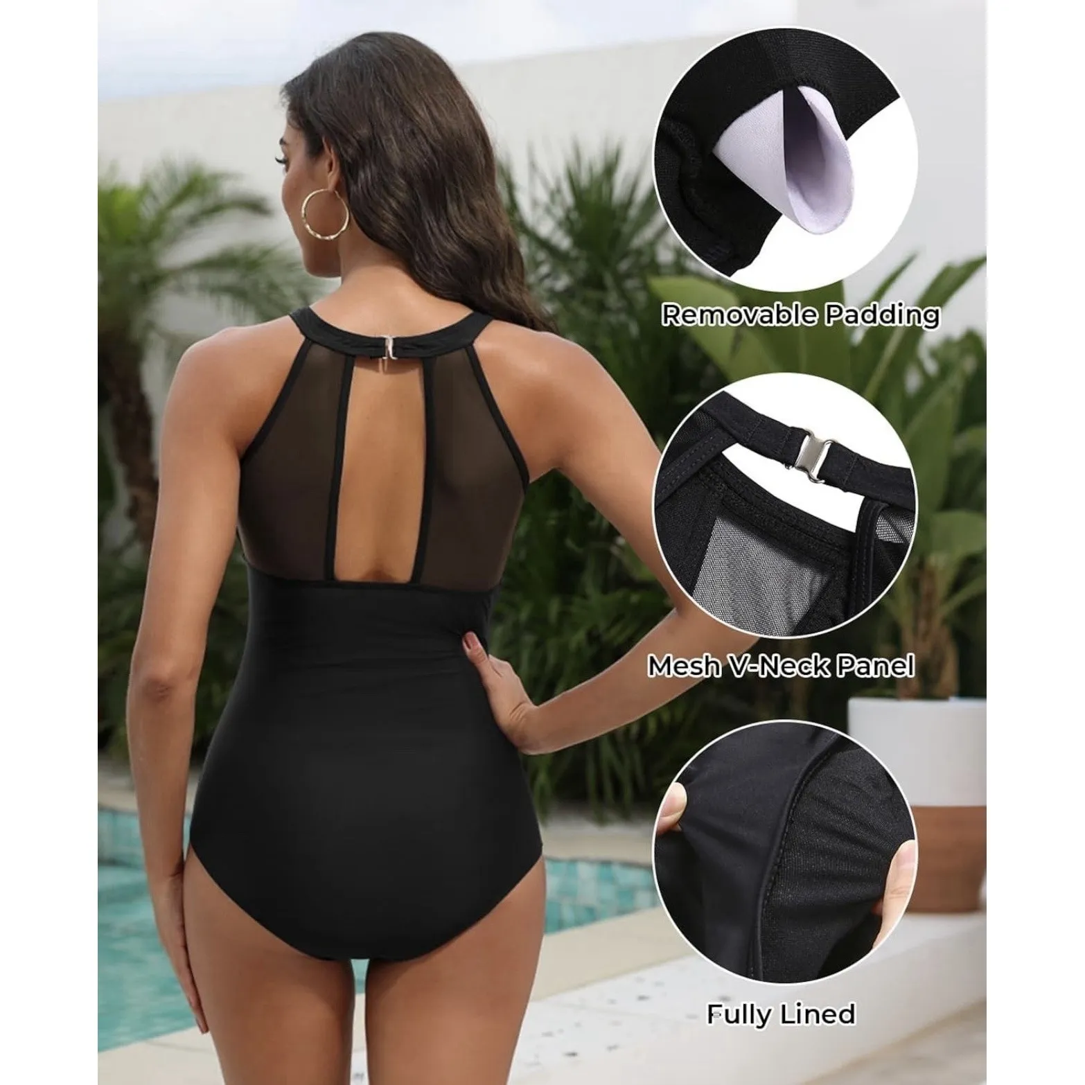 Aqua Eve Women Sexy One Piece Swimsuit Black Plunge V Neck Size 16 I0224 - Image 2