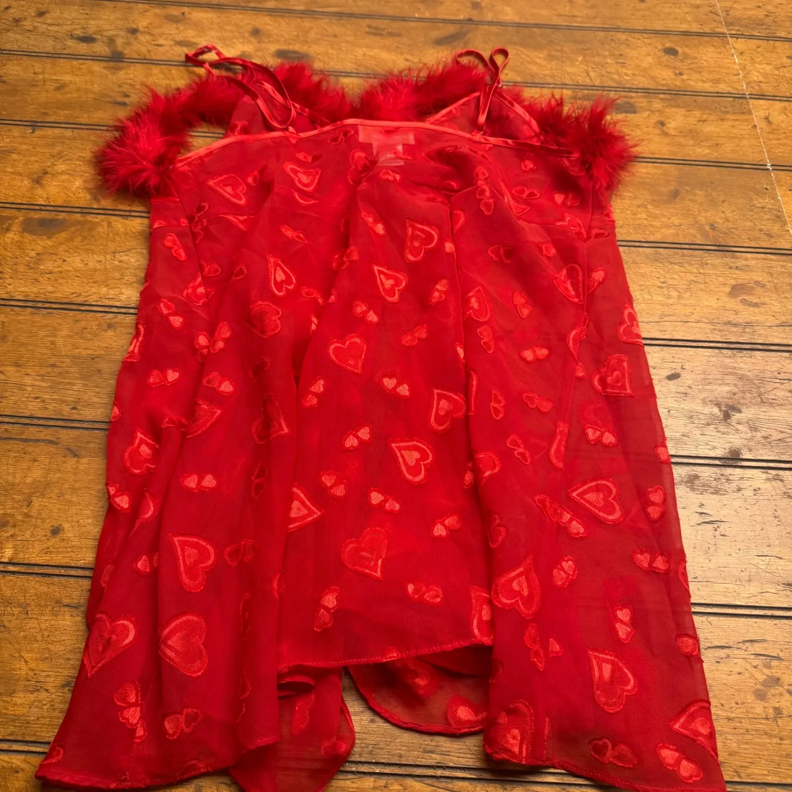 Inner Most Red Heart Print Fluffy Trim Babydoll Lingerie Chemise Top L FLAW Size L - Image 4