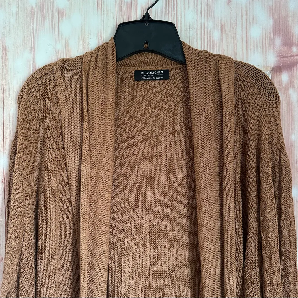 Bloom Chic Camel Tan Lapel Collar Patchwork Asymmetrical Hem Cardigan Size 22/24 - Image 5