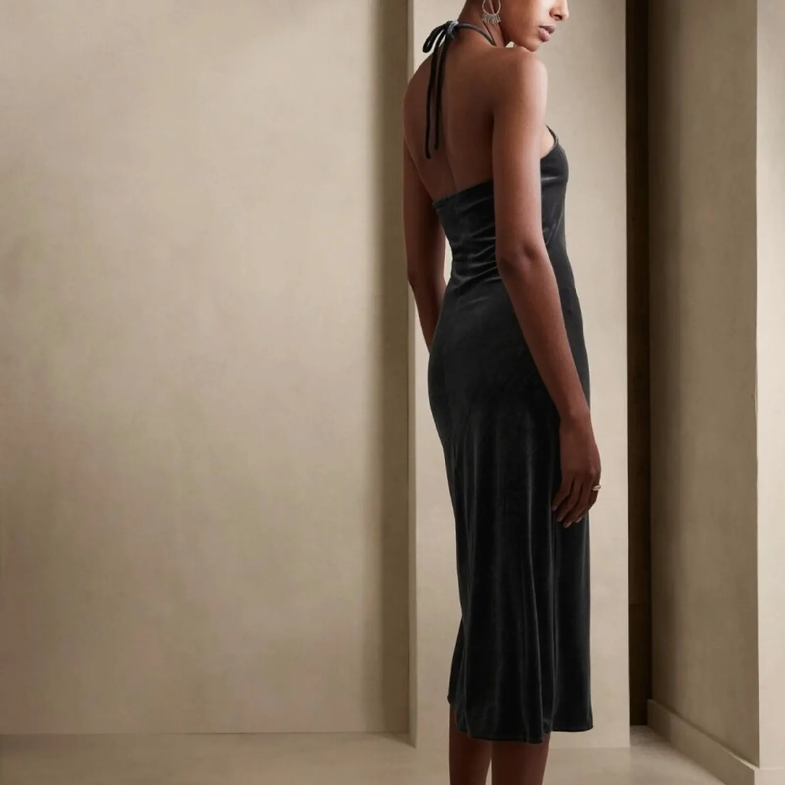 Banana Republic Velvet Midi Slit Halter Dress Orca Gray Size Large NWT Party - Image 2