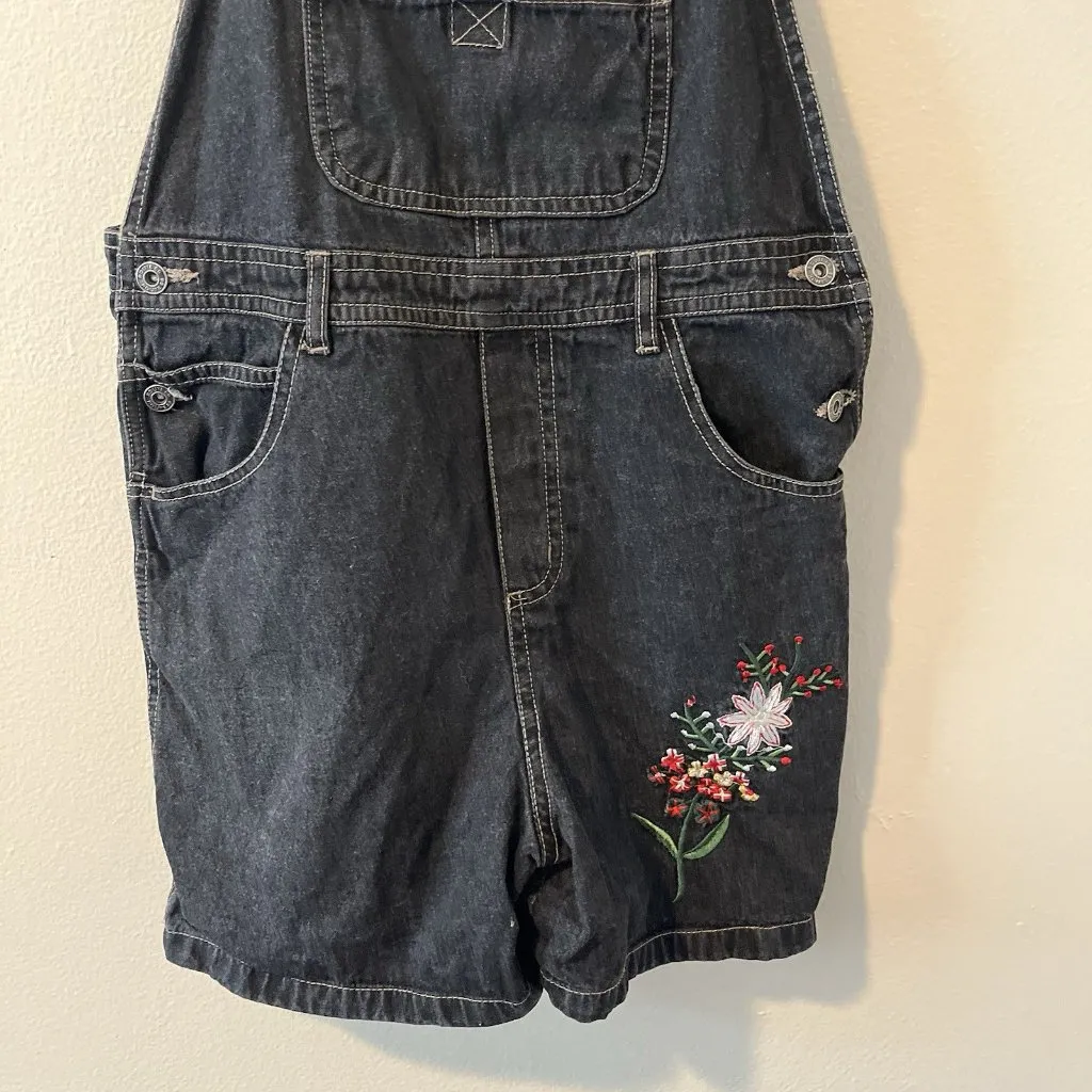 Vtg Denim Overall Shorts Black‎ Grey Embroidered Y2K Kid Core Grunge Goth 90s - Image 5