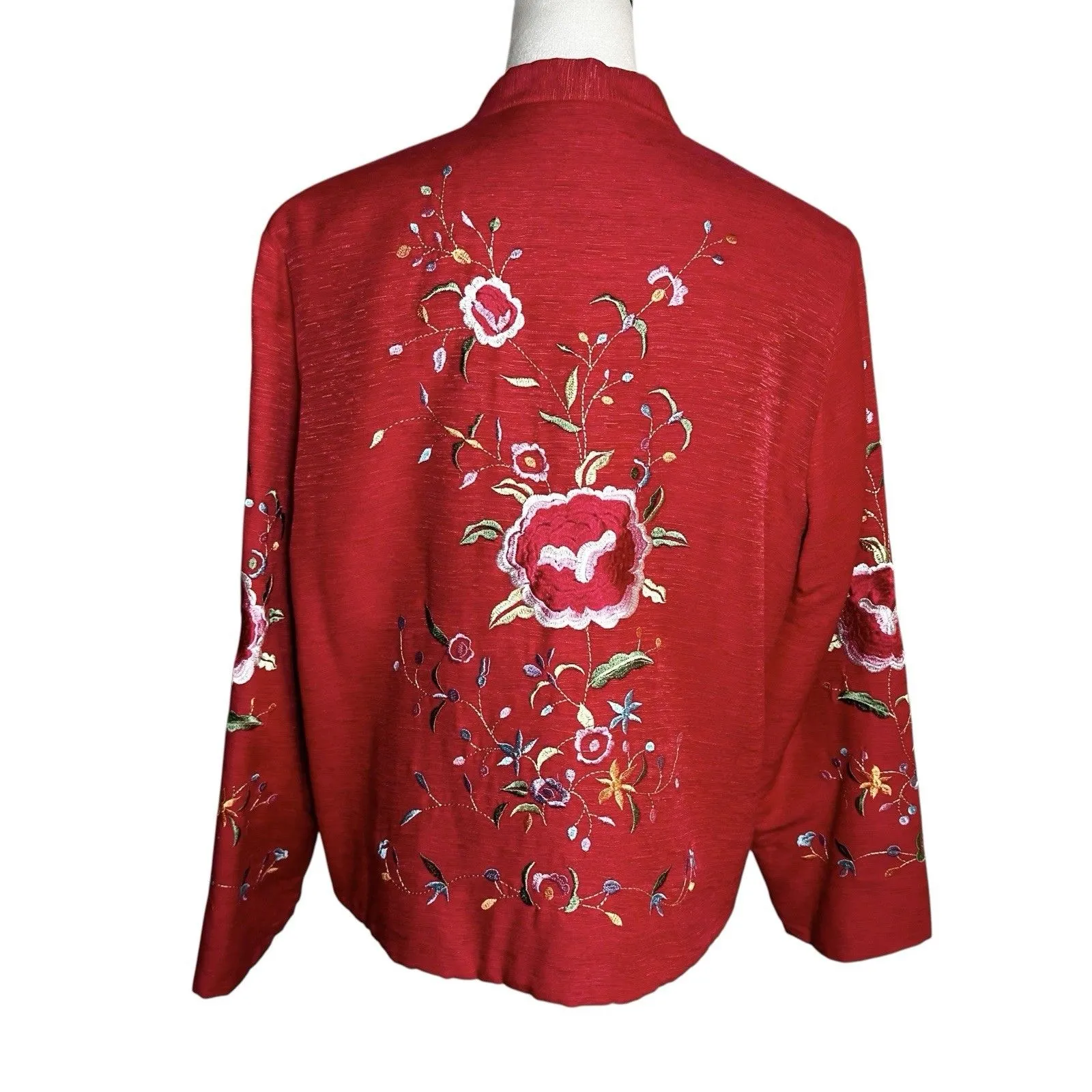 Norm Thompson Silk Embroidered Jacket Large | Red Boho Floral Holiday Evening - Image 3