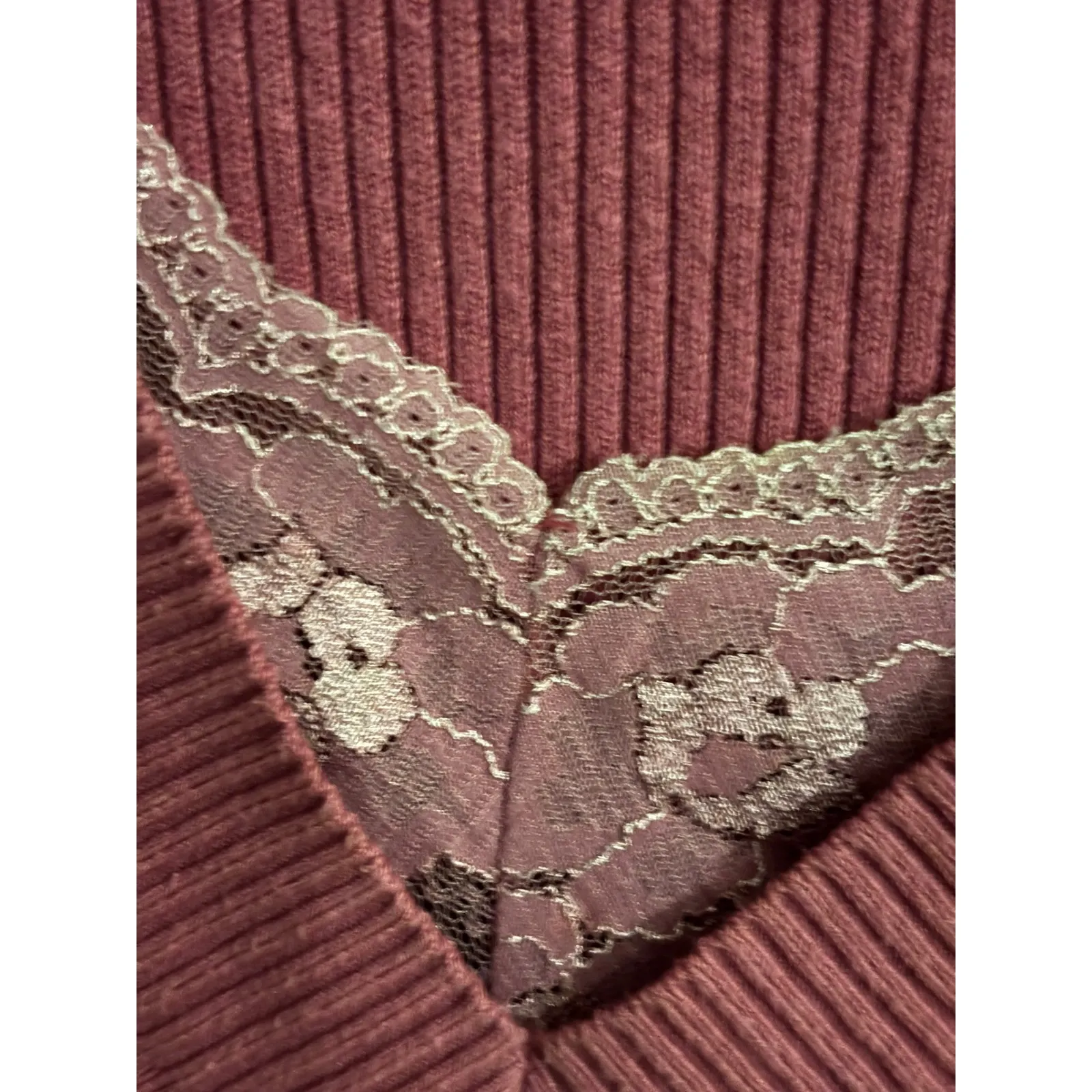 Worthington Womens Pink Cable Knit Lace V Neck Long Sleeve Sweater Top Large - Image 3