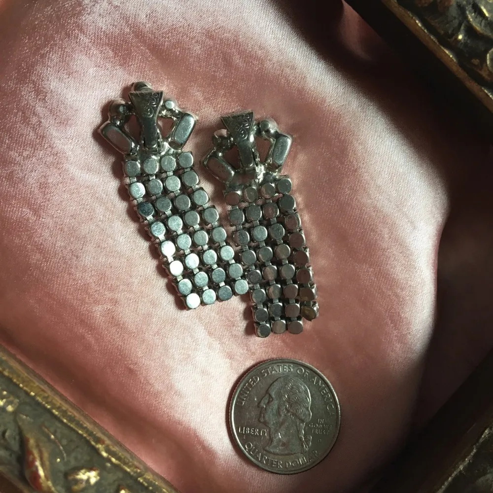 Vintage 1950s Dangle Clip On Earrings Silver - Image 4