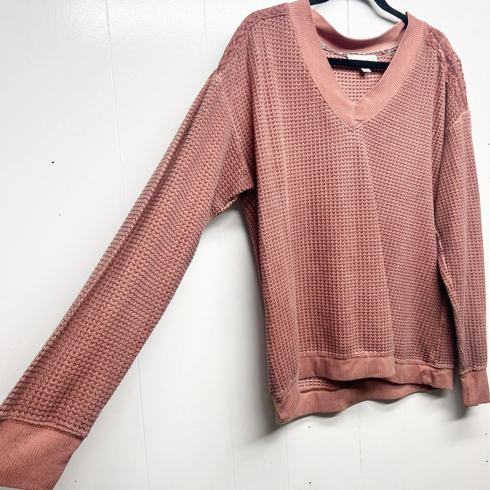 Knox Rose Waffle Knit Stonewash Boho V-Neck Long Sleeve Women's Sweater Size XL - Image 5