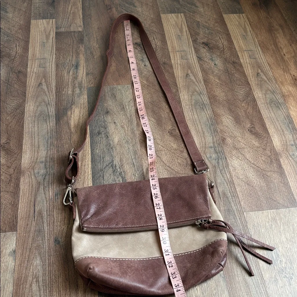 Roots Canada Emma Bag Leather Foldover Crossbody Colorblock Brown and Taupe - Image 15