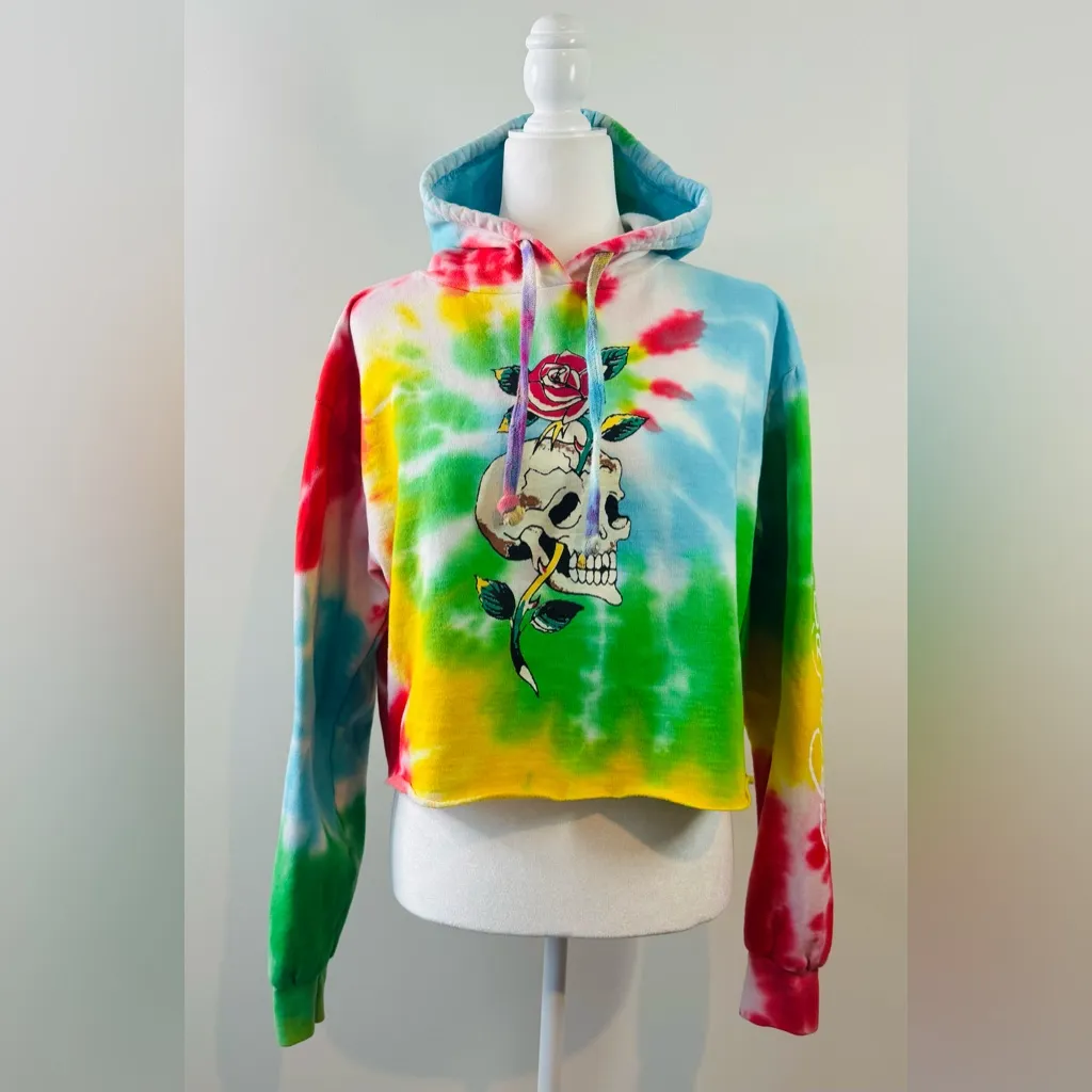Women’s Ed Hardy Skull Rose Tie Dye French Terry Cropped Hoodie Size M - Image 3