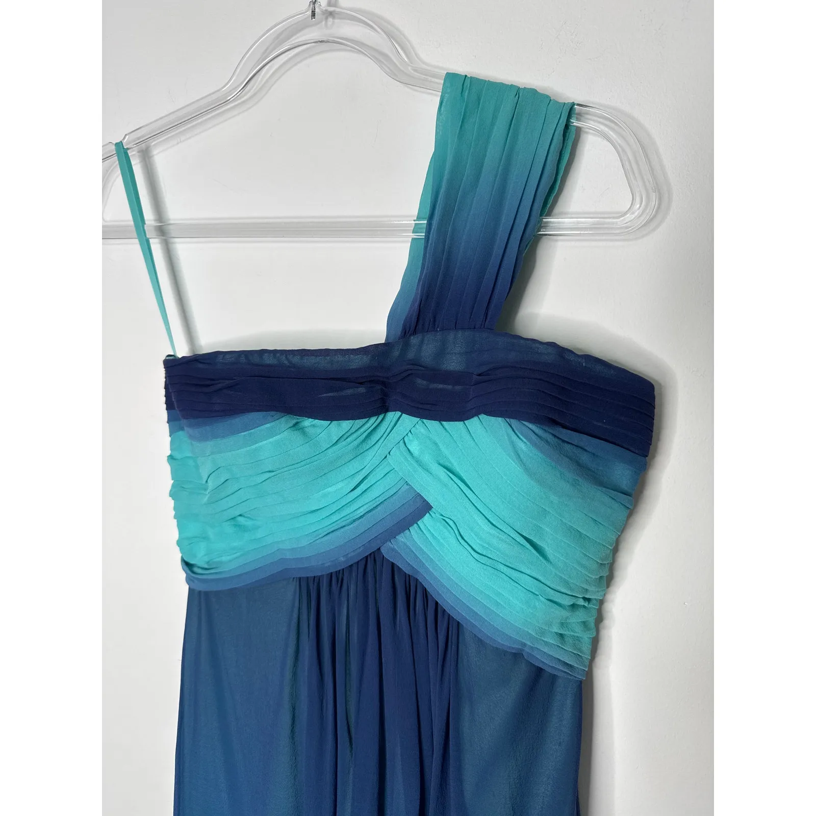 2000s BCBG Max Azria Teal Blue Ombre One-Shoulder Chiffon Evening Gown – Size 0 - Image 3