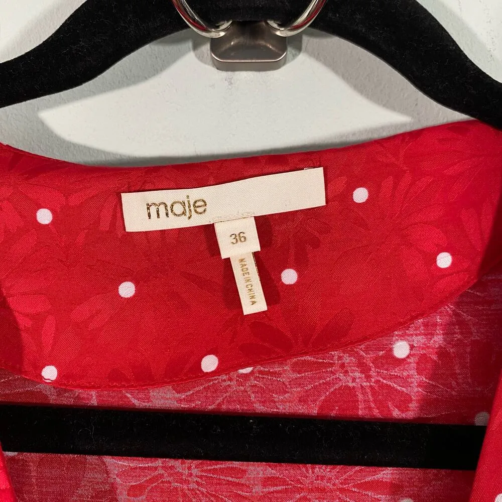 Maje Women's Red Polka Dot Textured Floral Tie Front Cutout Midi Dress Size 36 - Image 5