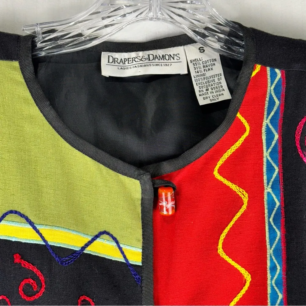 Draper & Damon’s Colorful Artsy Embroidered Patchwork Blazer Jacket Size Small - Image 4