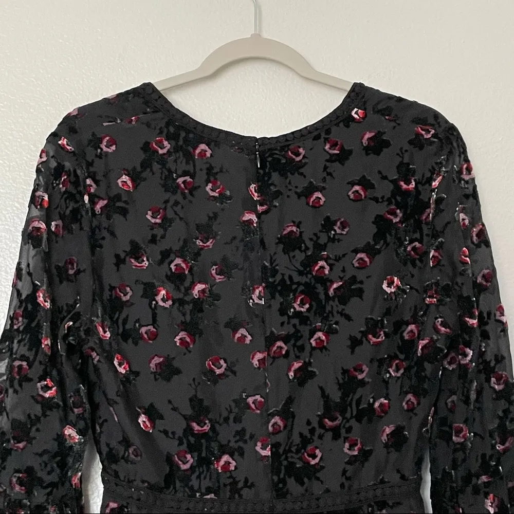 WAYF Brayden Long Sleeve Black with Red Roses Embroidered Velvet Dress Medium - Image 9
