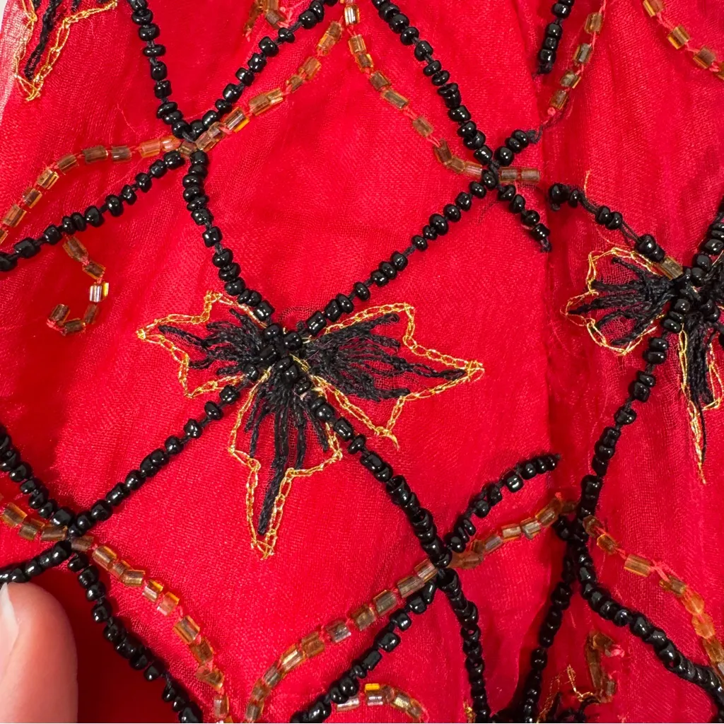 Vintage Stenay Red Silk Black Beaded Short Sleeve Blouse Womens XL Christmas Bow - Image 8