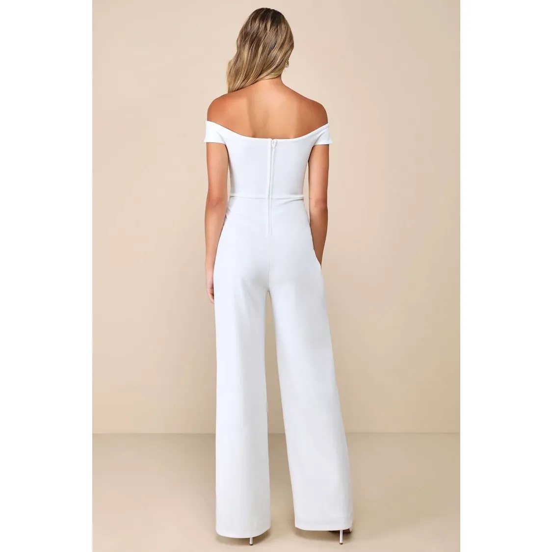 NWT Lulus Stunning Existence White Off-the-Shoulder Knot-Front Jumpsuit Size L - Image 3