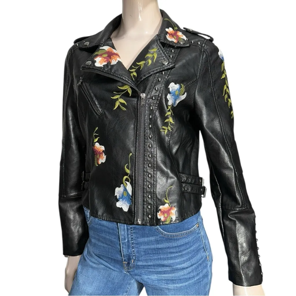 AFTF Basic Women's XL Black Embroidered Flowers Faux Leather Motorcycle Jacket - Image 3