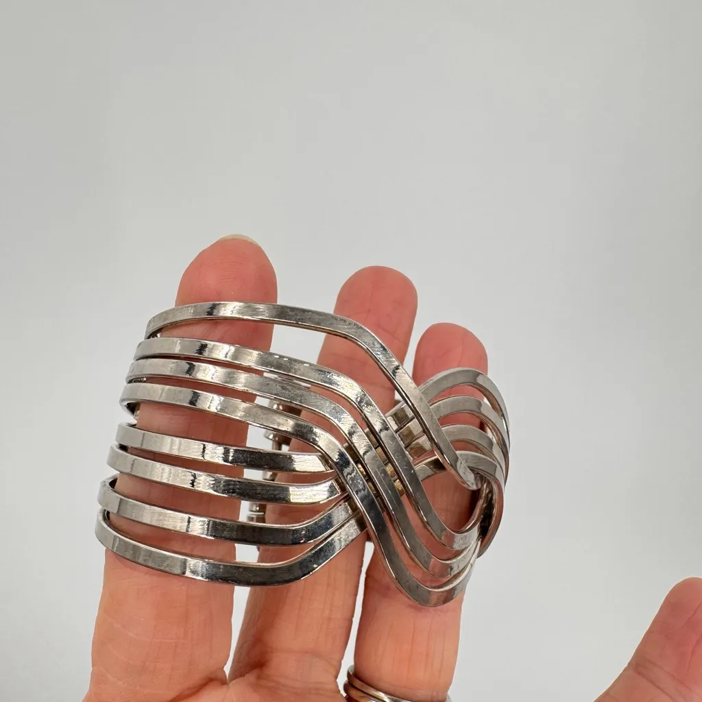 Sterling Silver Multi Strand Wave Bangle Bracelet Stamped 925 Vintage Estate - Image 7