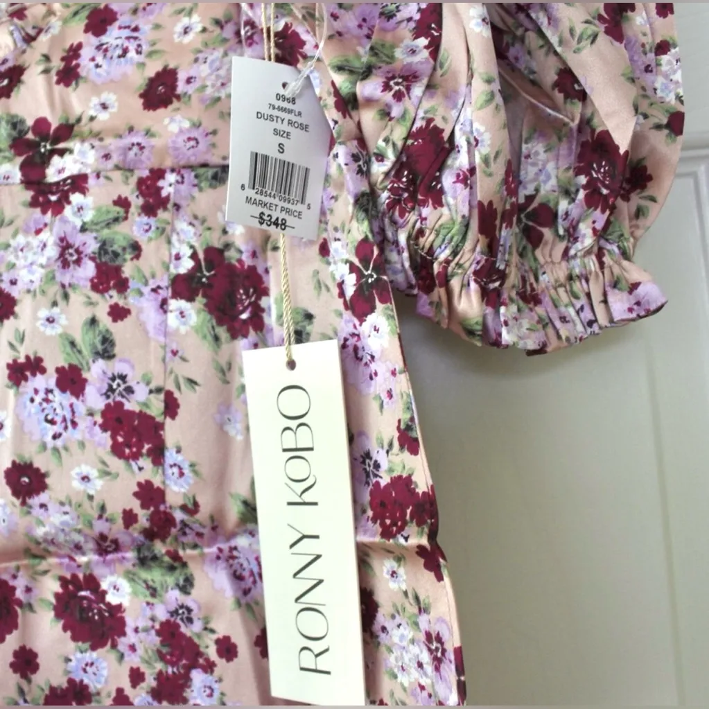 Ronny Kobo Collection Deisha Dusty Rose Floral Stretch Silk Top Puff Sleeves Purple - Image 6