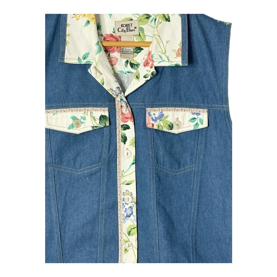 Vintage 90s Koret City Blues Denim Vest Floral Pockets Jean‎ Women Size Large Blue - Image 3