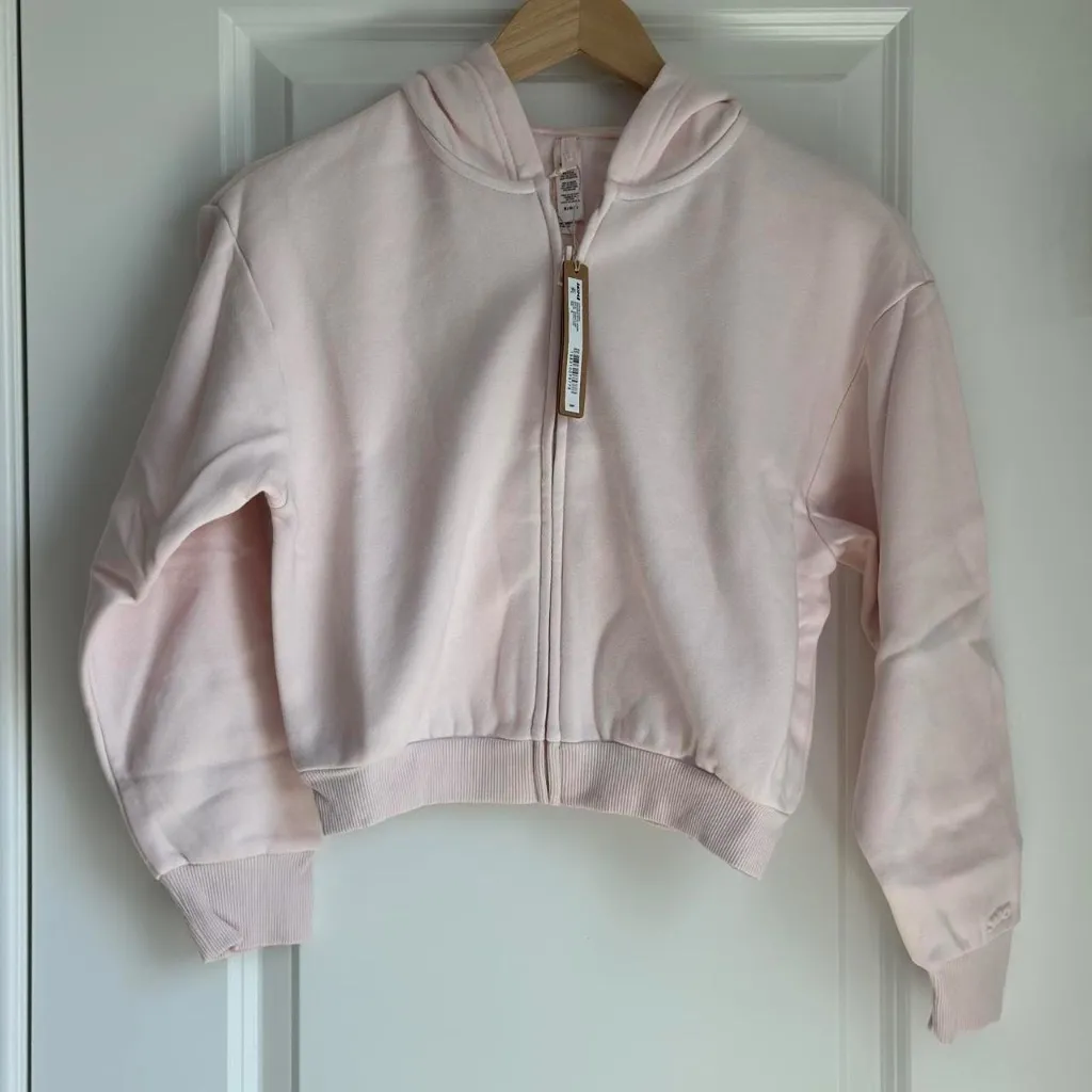 Skims Cotton Fleece Shrunken Zip Up Hoodie in Barely Pink, Size Medium - Image 6