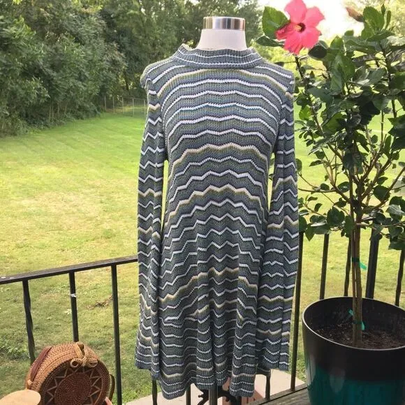 Free People ZigZag Chevron Knitted Multicolor Green Flare Sleeve Sweater Dress - Image 2