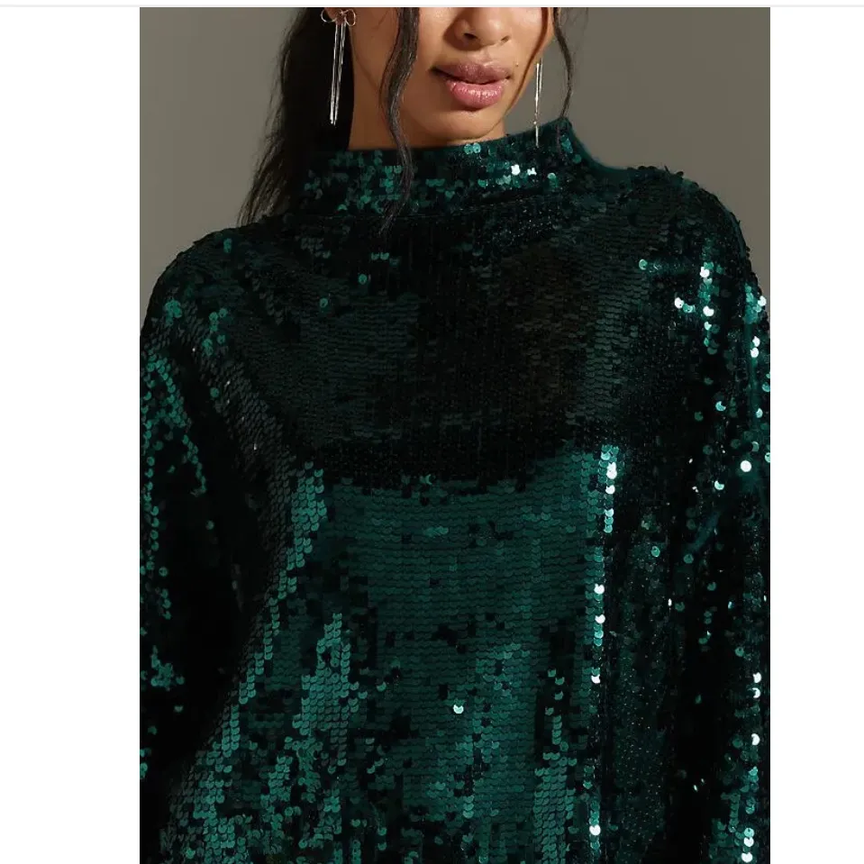 ANTHROPOLOGIE Pilcro The Alani Cashmere Mock Neck Sequin Sweater Green M NEW - Image 9