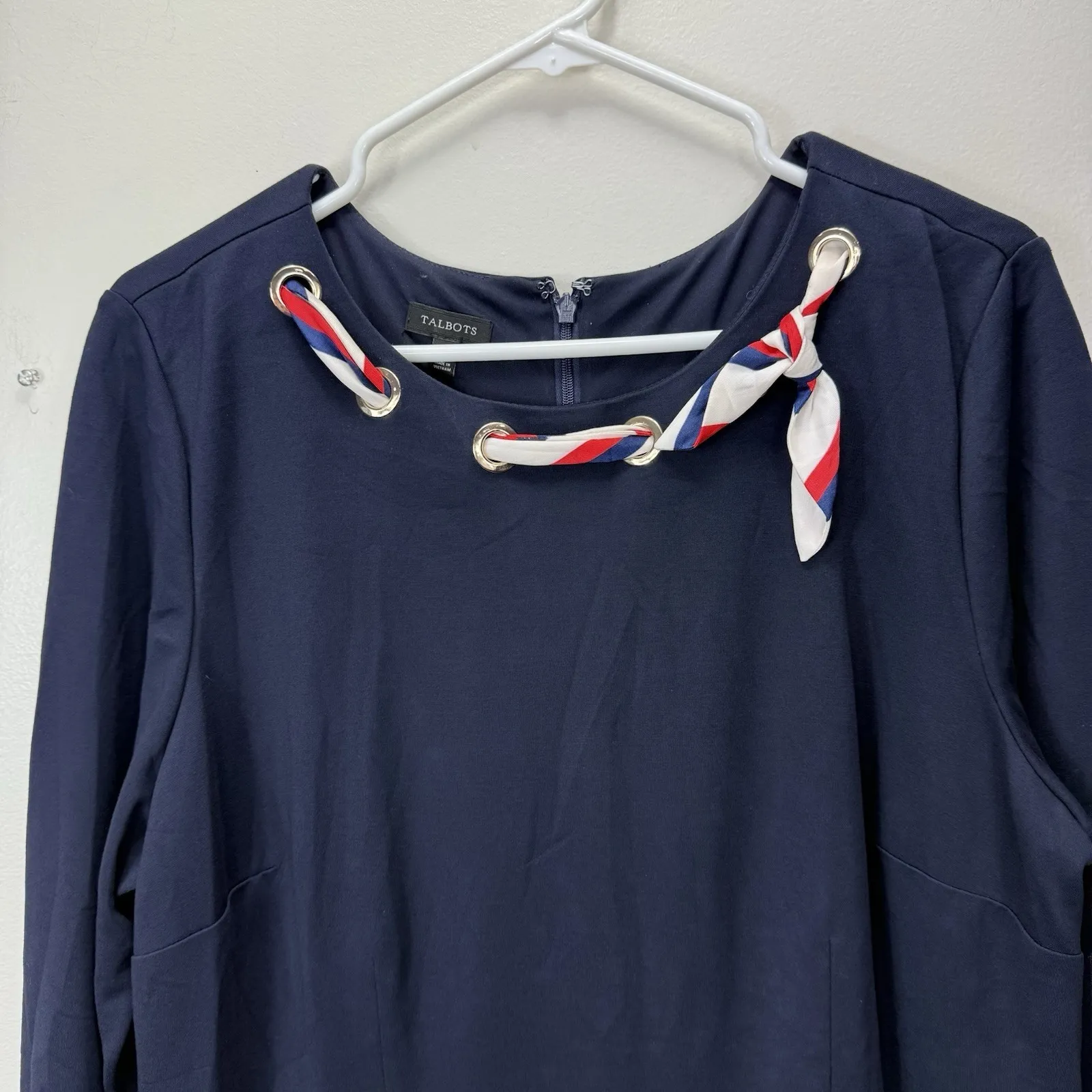 Talbots Ponte Navy Blue Scarf Neck‎ Nautical 3/4 Sleeve Flare Midi Dress Size 16 - Image 4