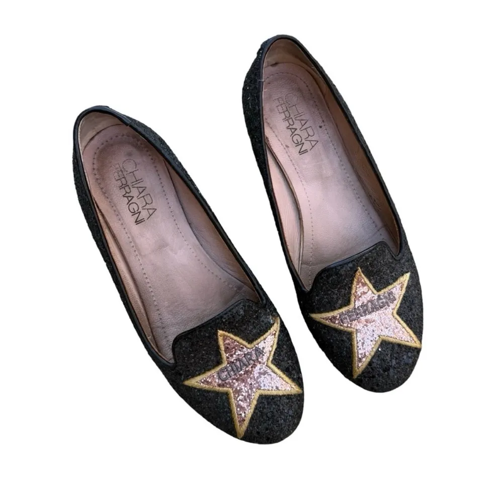 Chiarra Ferragni, Silver Glitter Ballerinas with Rose Hollywood Stars Size 36 6 Black - Image 4