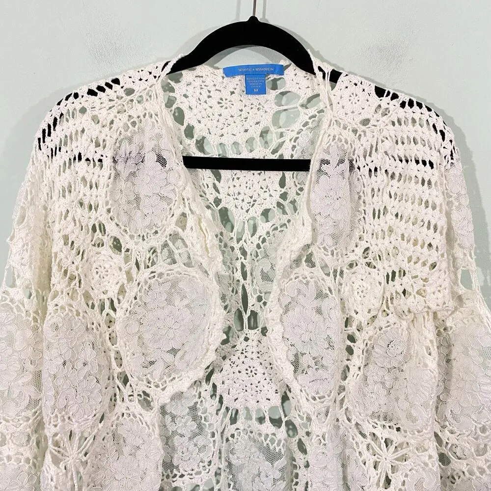 White + Warren Women's White Crochet Lace Applique Open Front Cardigan Size M Size M - Image 2