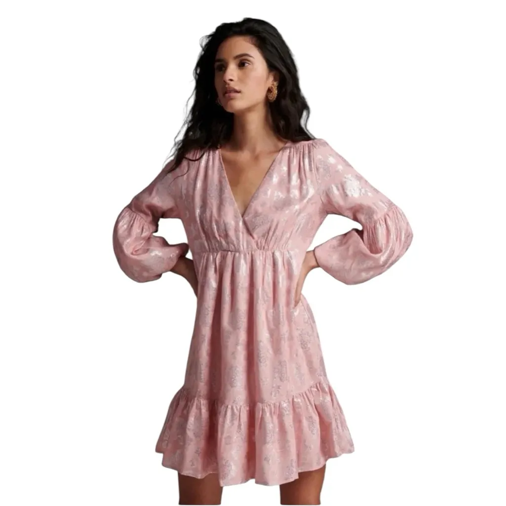 Anthropologie Jolene Jacquard Mini Dress Pink Shimmer Sparkle Puff Sleeve XS NWT - Image 2