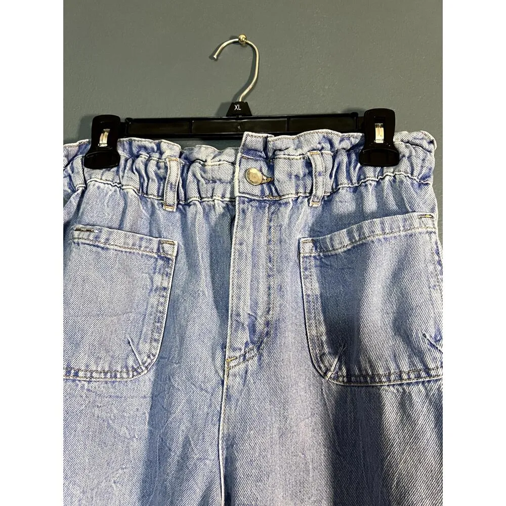 Zara Paper Bag Denim Baggy Pants High Waist Acid Wash Elastic Waist Band - Image 2