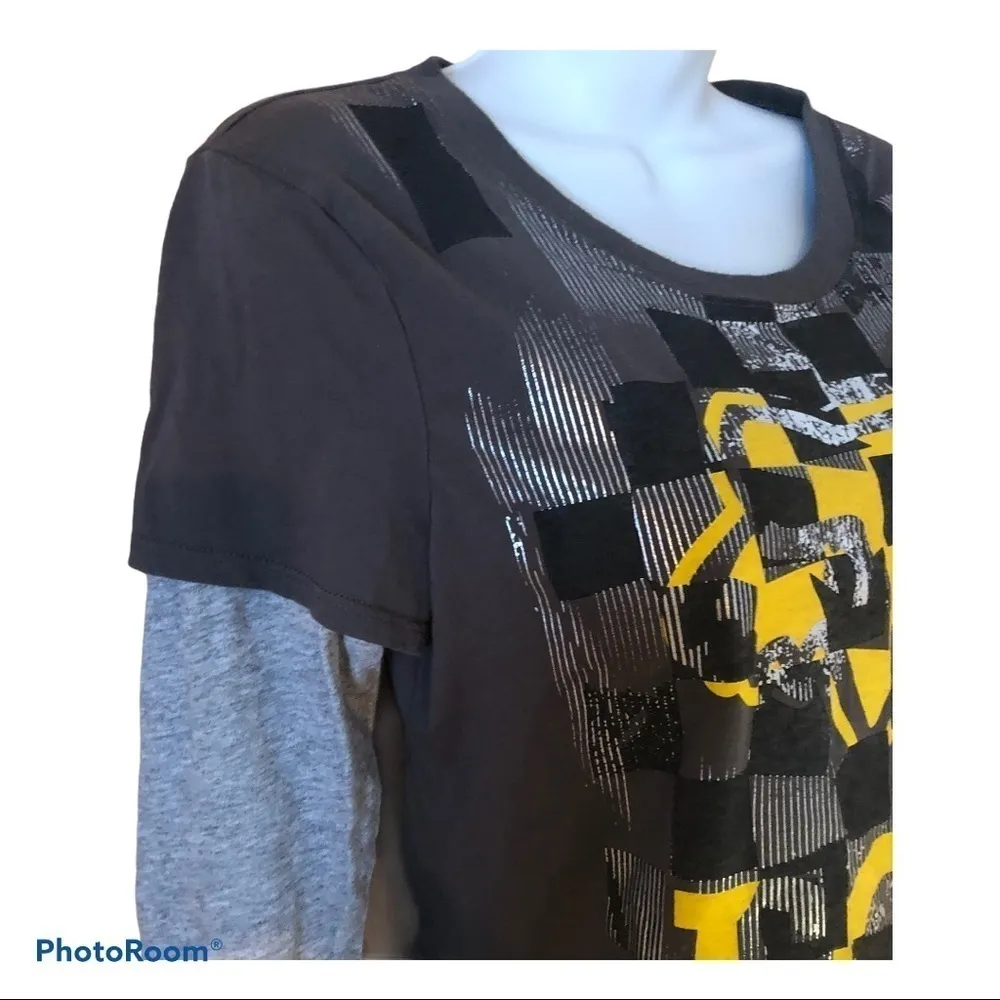 VTG FOX LS Graphic Logo Tee Gray/Gold Scoop Neck M Casual Layered Look Gray Size M - Image 3