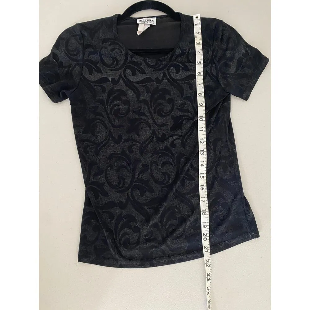 Vintage Gray Black Contrast Jacquard Pattern Stretchy Short-sleeved Top Small - Image 8