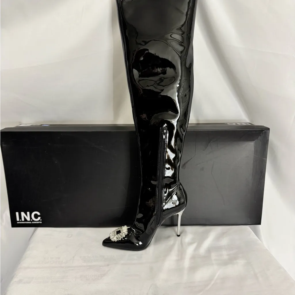 INC High Boots Black Glossy Over the‎ knew Size 5.5 - Image 7