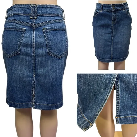 Old Navy Ultra Blue Jean High Waist Medium Wash Denim Back Slit Skirt Womens 10 - Image 2