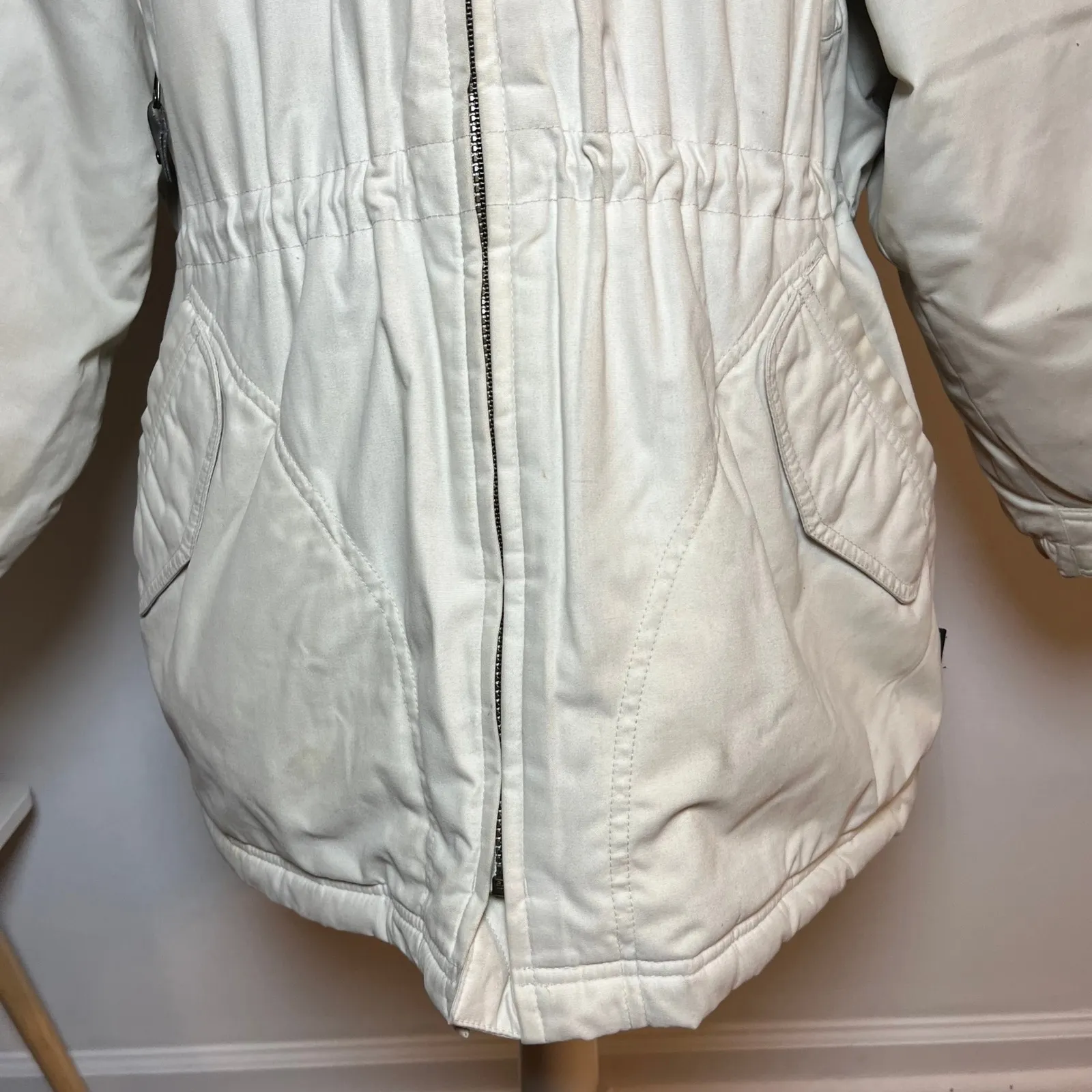 Vintage Utility Jacket Barn Coat Cream Petite Large Outdoor Contrast Collar Hood - Image 9