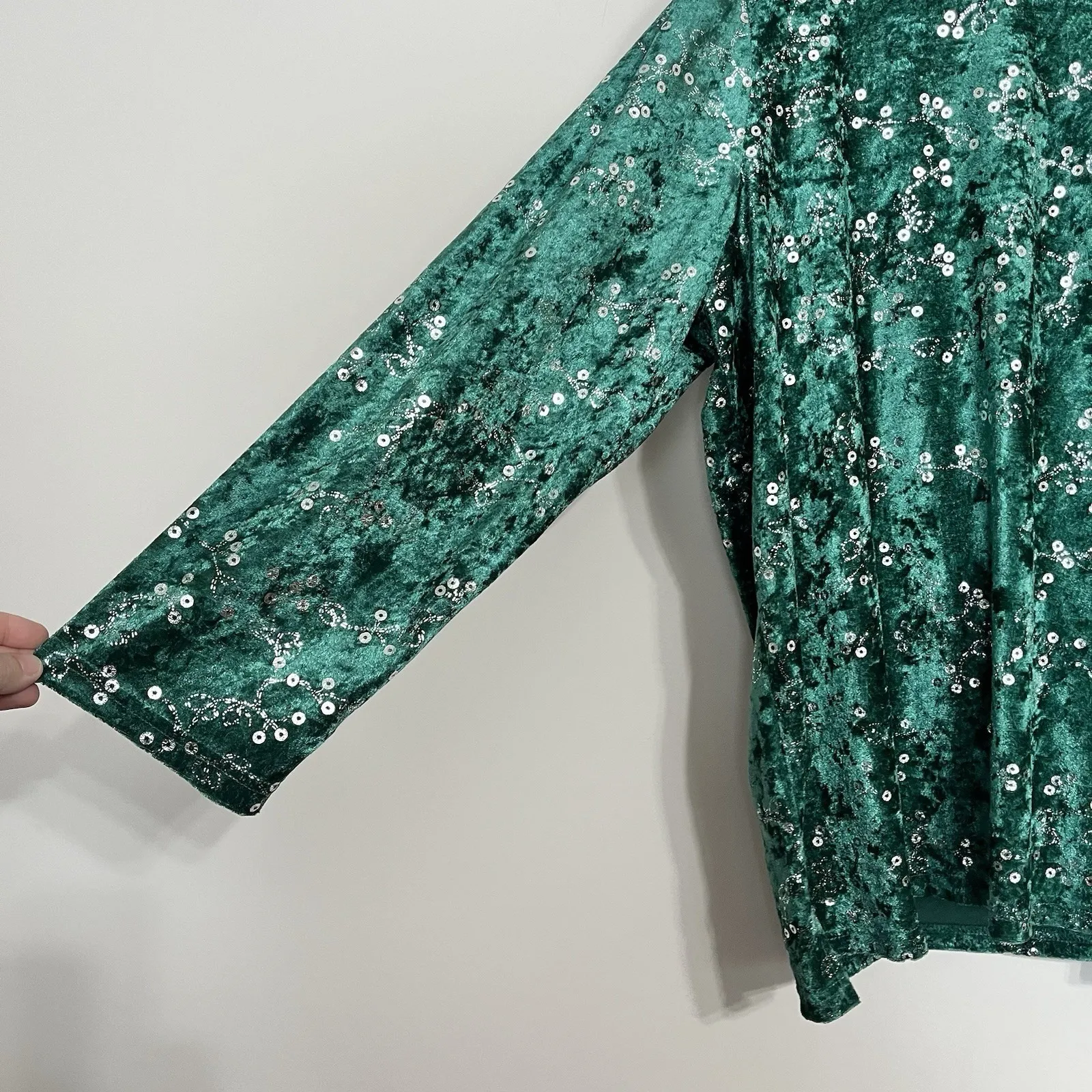 Anthony Richards Shirt Women 2XL Long Sleeve Velvet Sparkle Holiday Green Silver Size XXL - Image 2