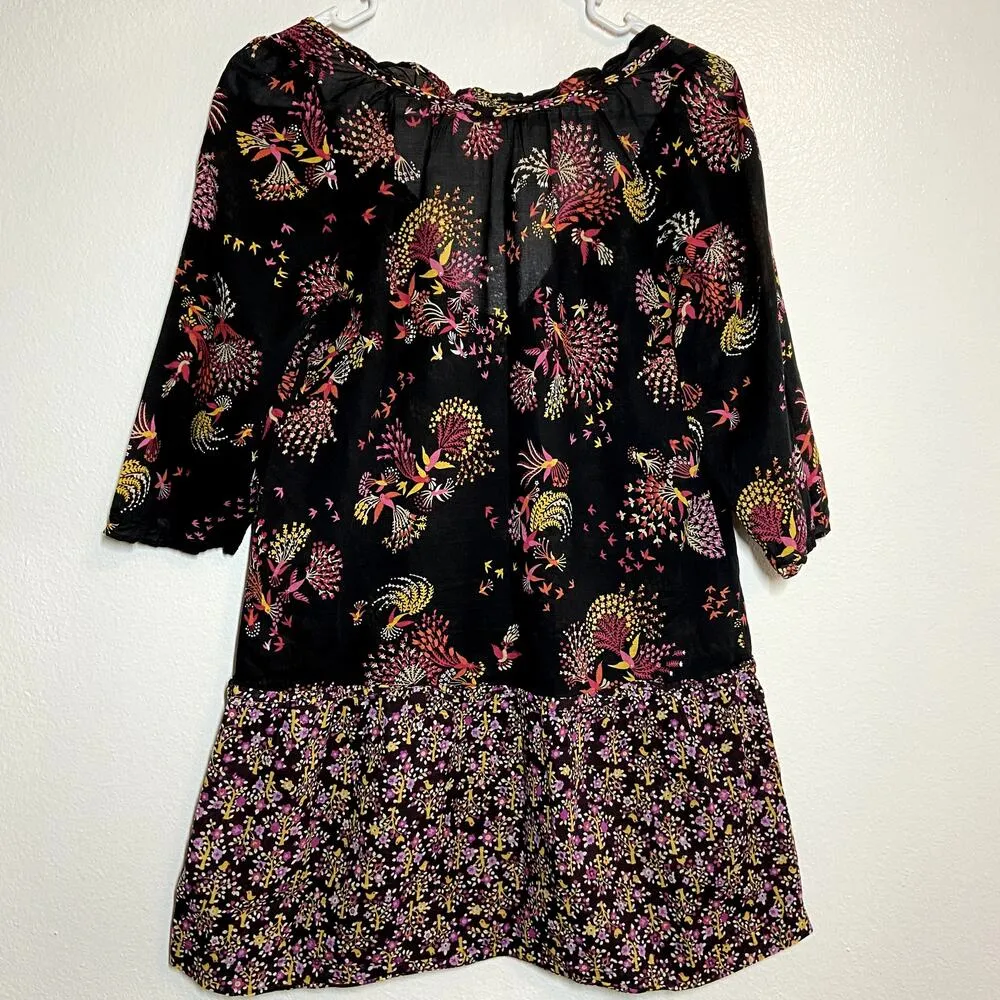 Anthropologie Lilka Tunic Dress V-Neck 3/4 Sleeve Floral Bird Print XS Black - Image 5